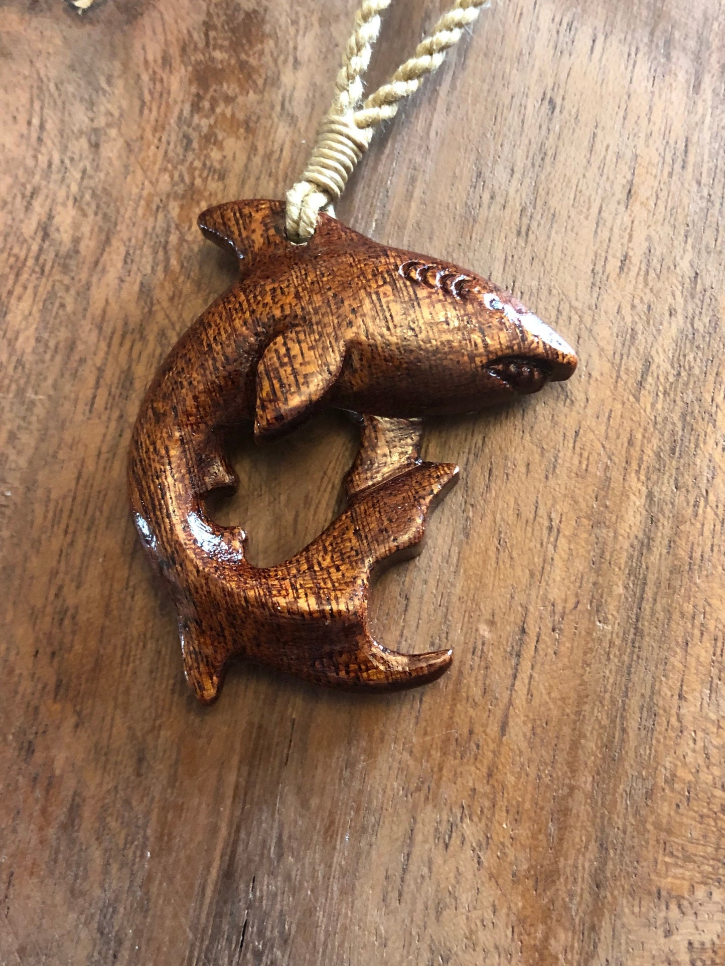 Oceanic Wildlife Art- Solid Koa Wood Handcarved Shark Adjustable Necklace