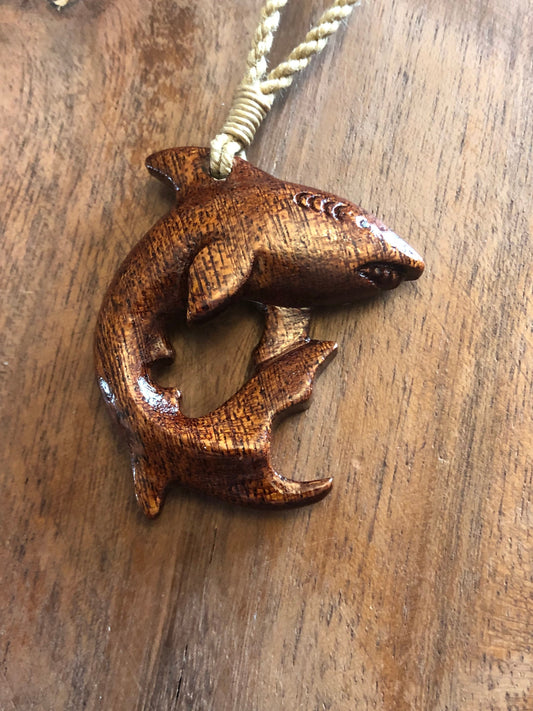 Oceanic Wildlife Art- Solid Koa Wood Handcarved Shark Adjustable Necklace