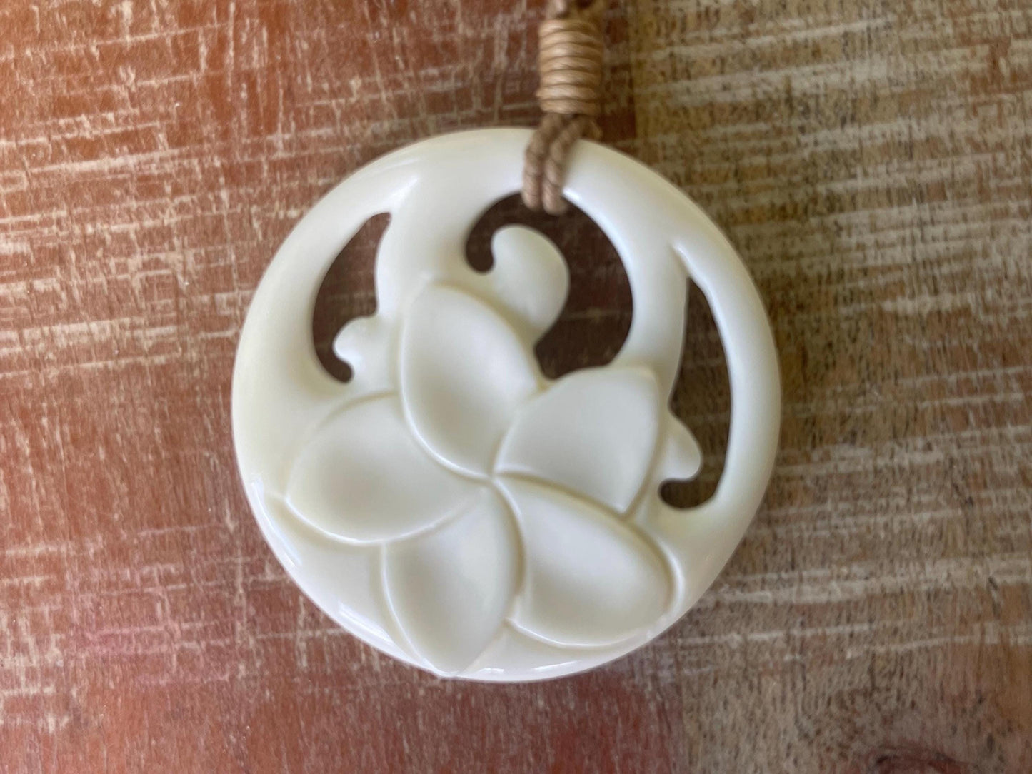 Hand Carved Bone Plumeria Necklace, Polynesian Boho Jewelry