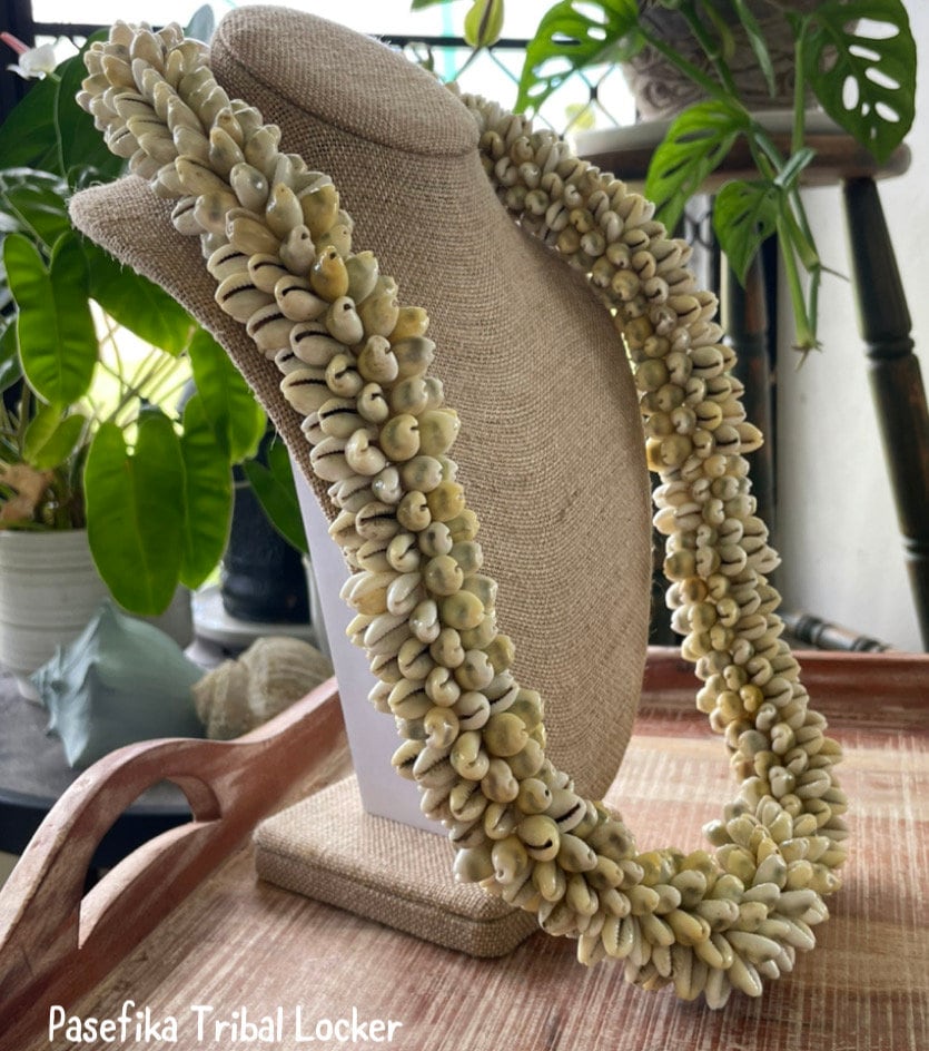Authentic Cowerie Shell Lei, Natural Ribbon Tie Necklace, 30”