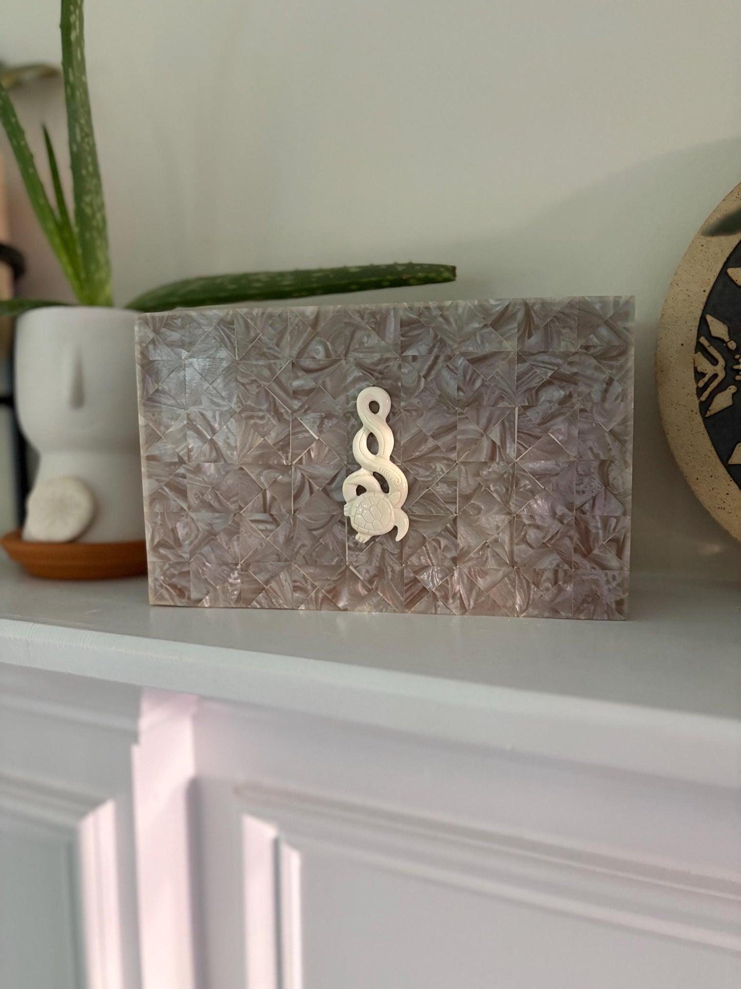 Hand-Crafted Polynesian Trinket Box, Faux Shell Inlay, Bone Turtle Charm