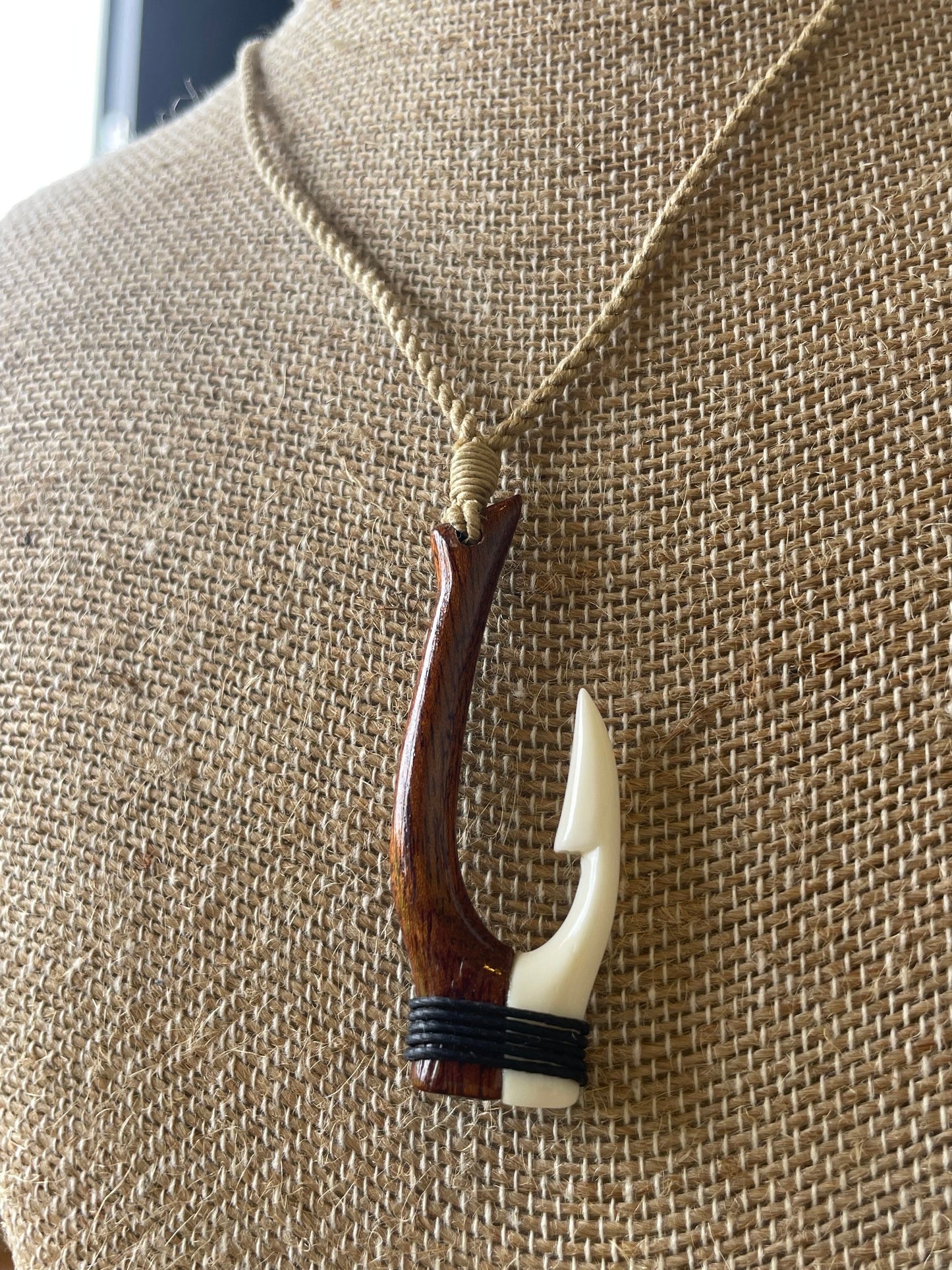 Hand Carved Koa Wood & Buffalo Bone Makau Necklace – Polynesian Fish Hook