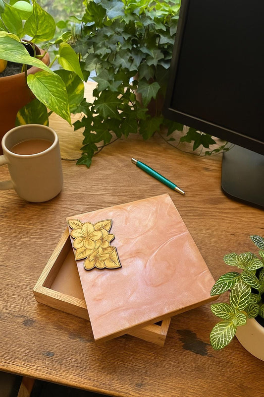 Hand-Crafted Polynesian & Micronesian Wooden and Faux Shell Inlay Box with a Plumeria Burned Wood Decor