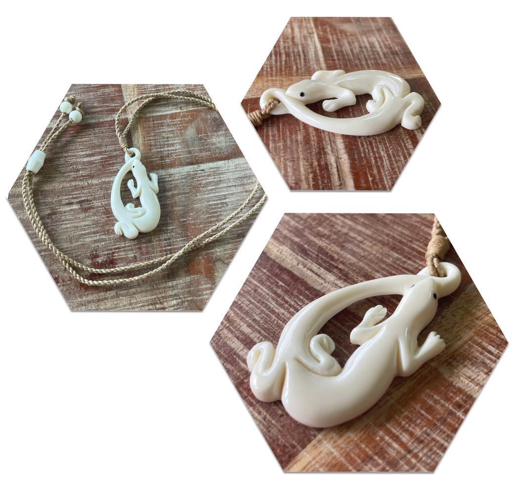 Traditional Lizard (Luck & Fortune) Solid Hand Carved Buffalo Bone Polynesian Adjustable Necklace