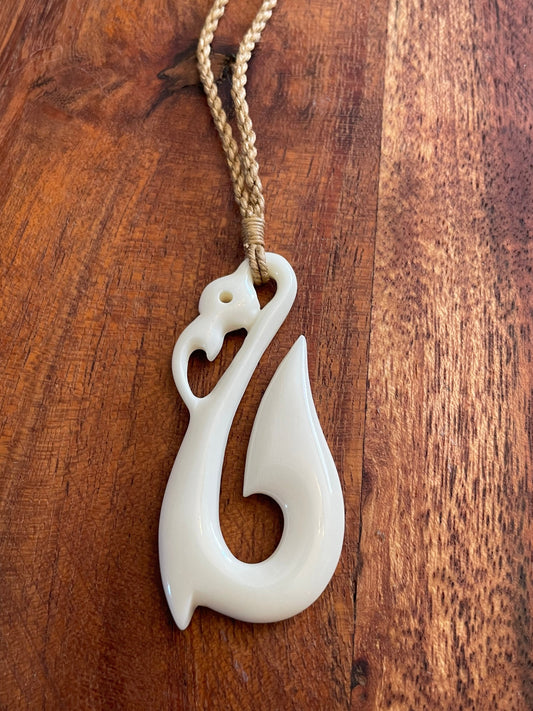 Hand Carved Buffalo Bone Fish Hook Necklace - Polynesian Makau Jewelry