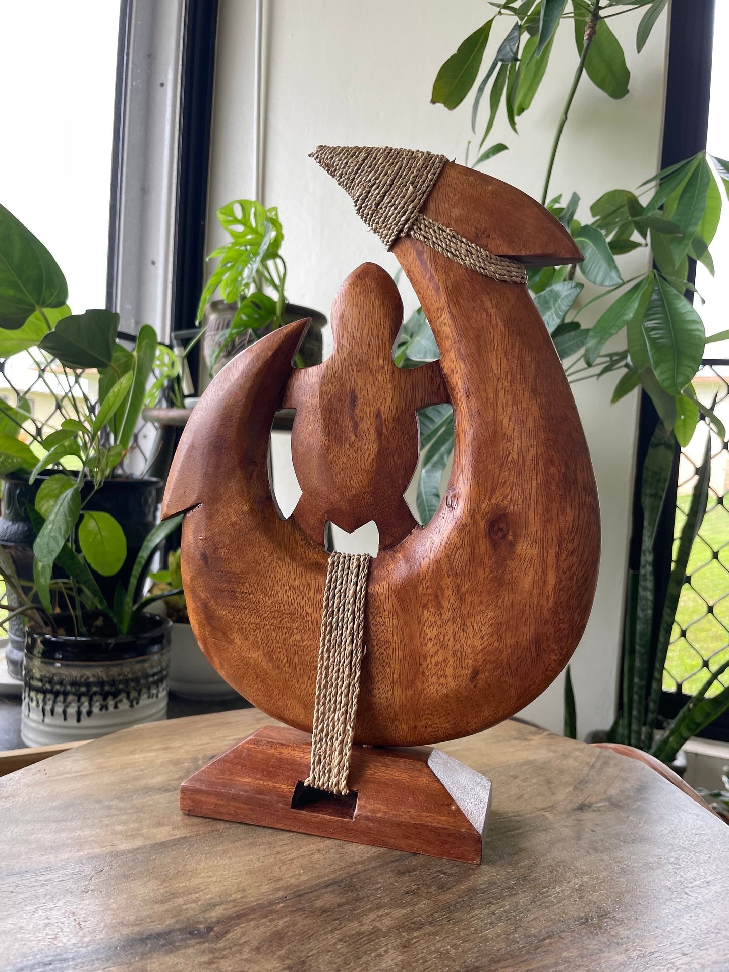Amazingly Detailed Solid Sea Hibiscus Wood- Hand-Carved Makau with Honu or Sea Turtle on a Base. Beautiful Tribal Designs