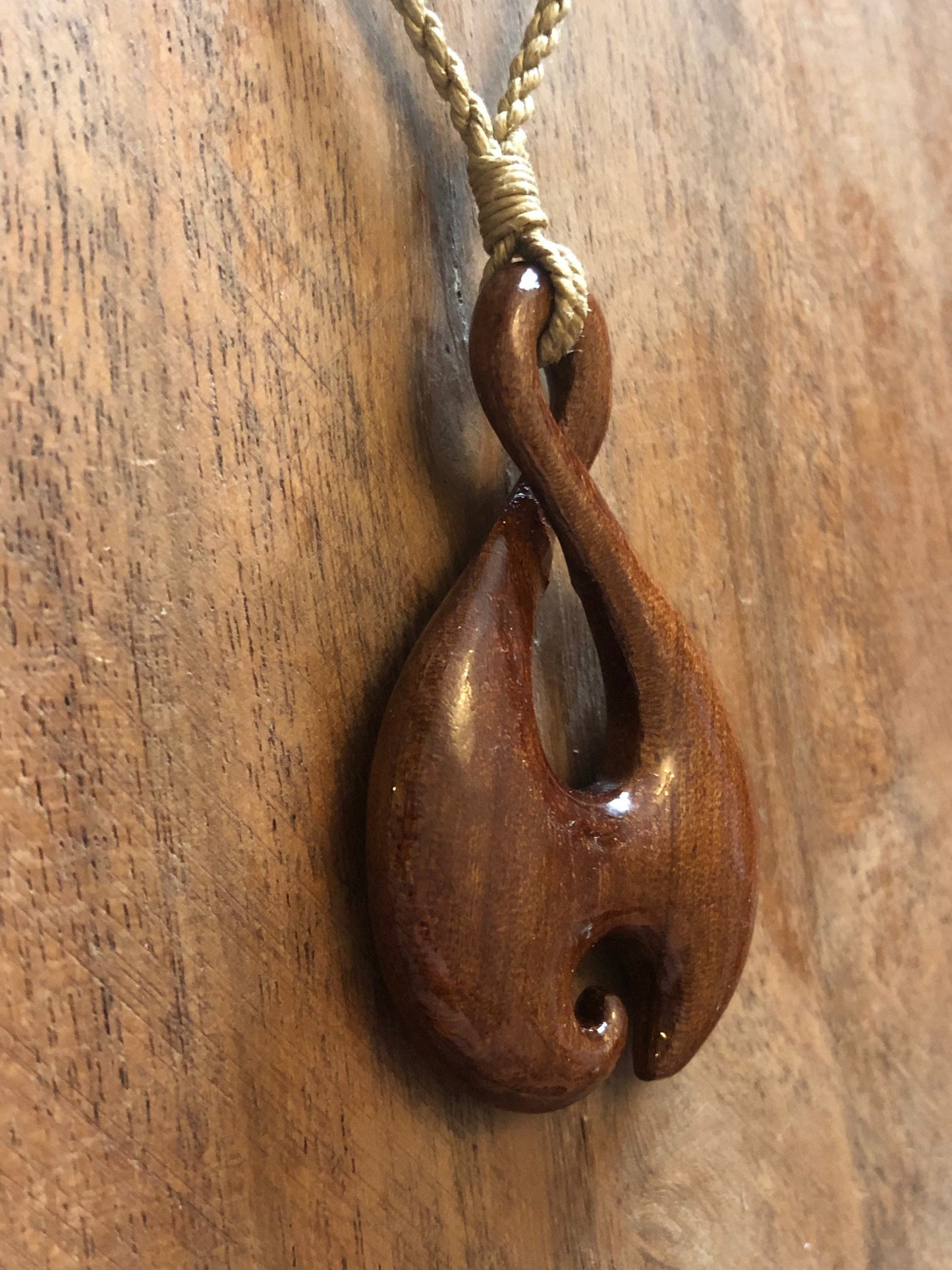 Nautical Tribal Solid Koa Wood Handcarved Pikorua or Infinity Symbol Adjustable Necklace