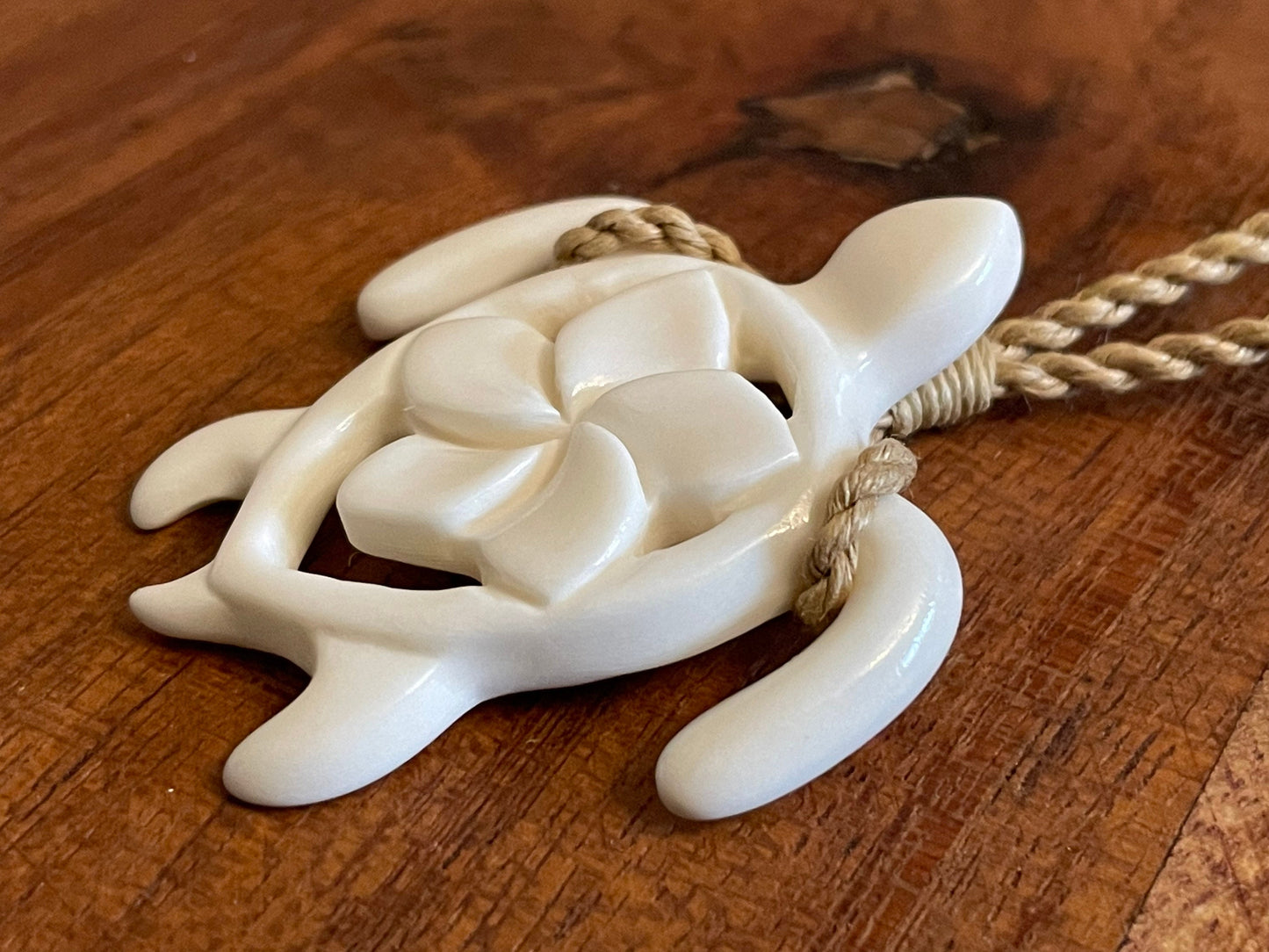 Hand Carved Bone Sea Turtle Necklace - Polynesian Plumeria Pendant