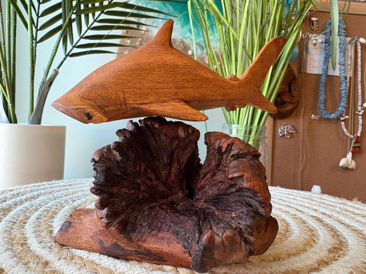 Hand Carved Hammerhead Shark Sculpture on Leech Wood Base