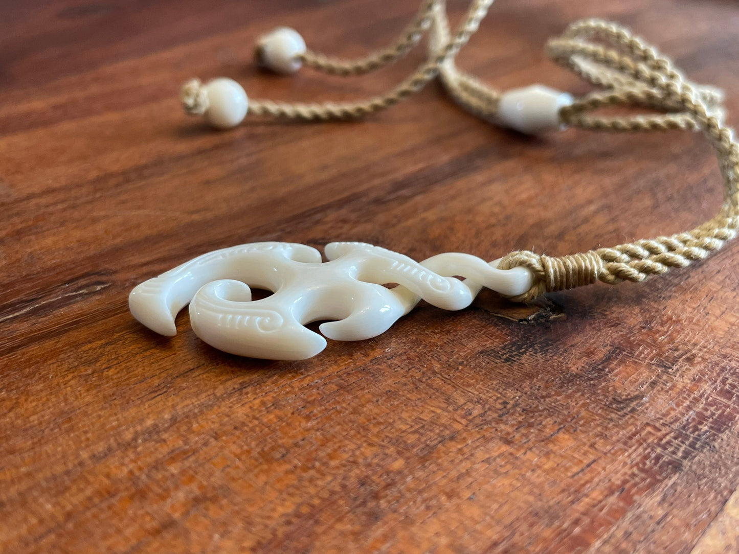 Hand Carved Buffalo Bone Pikorua Necklace, Adjustable Polynesian Jewelry