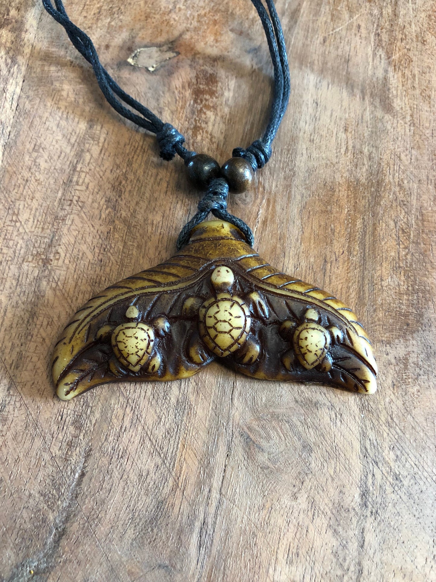 Bone Resin Whale Tail Necklace with Turtles, Adjustable Polynesian Surfer Style