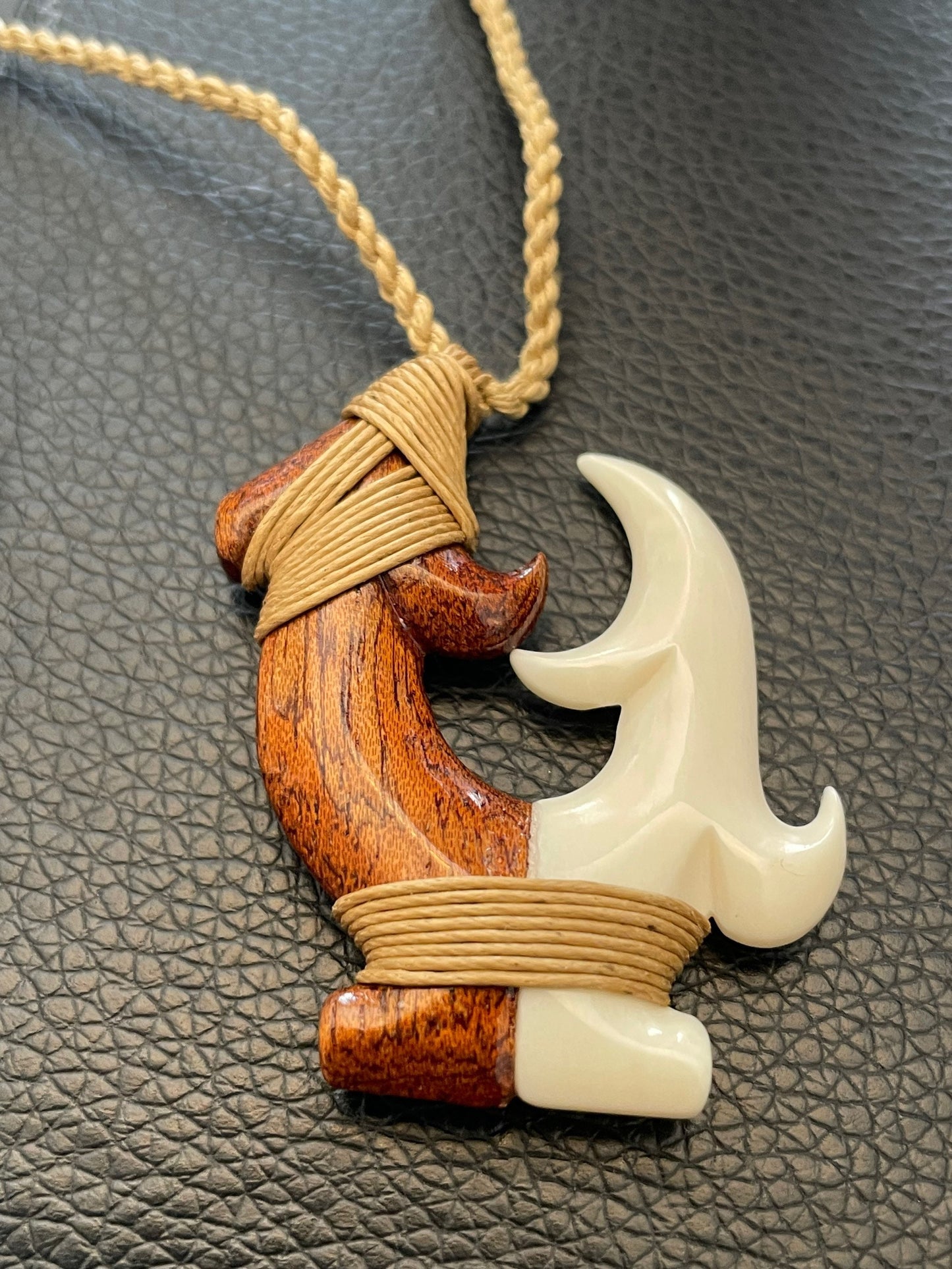 Hand Carved Koa Wood Fish Hook Necklace - Buffalo Bone Makau