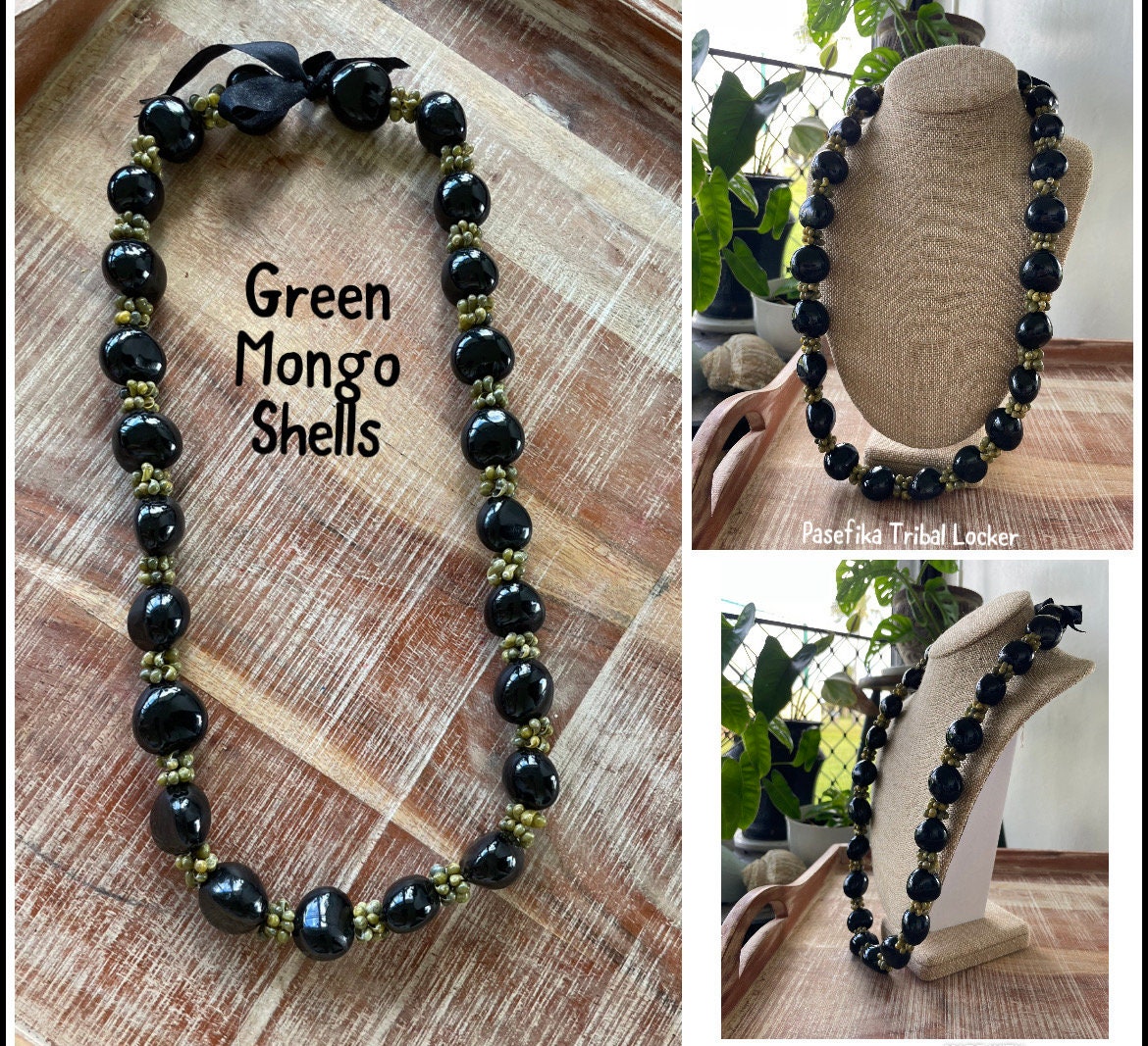Authentic Kukui Nut Lei – Mongo Shell Necklace, Adjustable Ribbon
