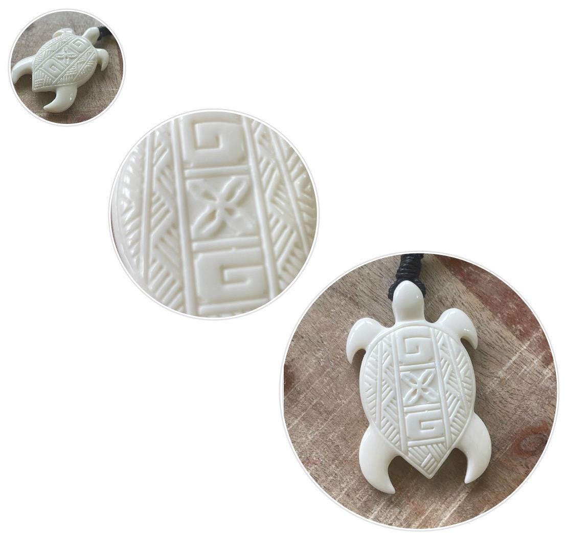 Hand Carved Buffalo Bone Sea Turtle Pendant - Adjustable Boho Necklace