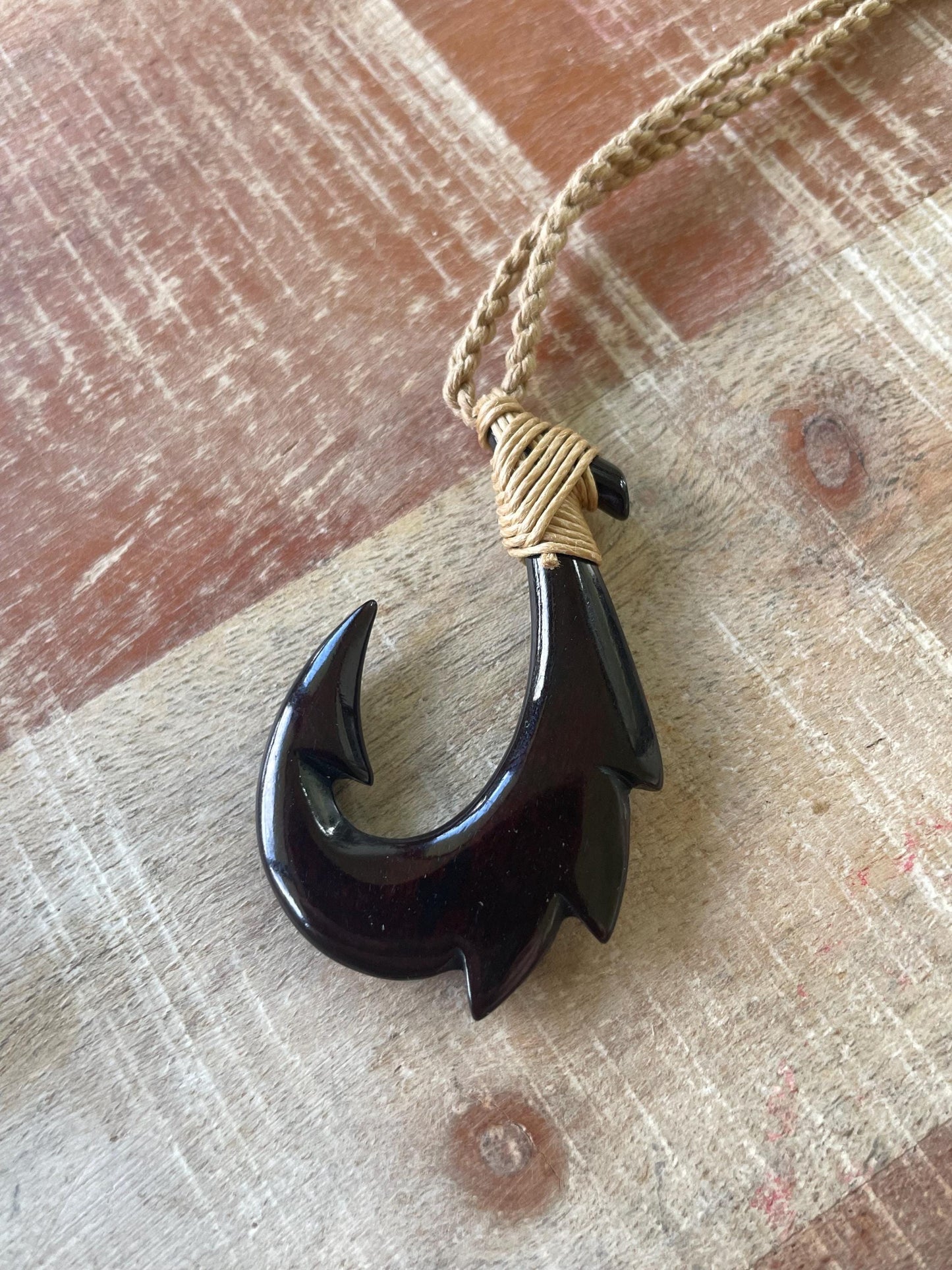 34” Solid Black Horn Handcarved Makau (Fish Hook) Necklace - Adjustable Surfer Cord