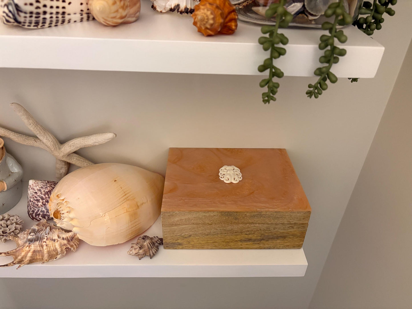 Hand-Crafted Polynesian & Micronesian Wooden and Faux Shell Inlay Box with Bone Octopus Decor