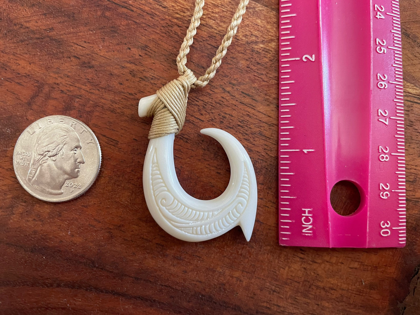 Polished Polynesian Solid Buffalo Bone Hei-Makau Fish Hook Adjustable Necklace