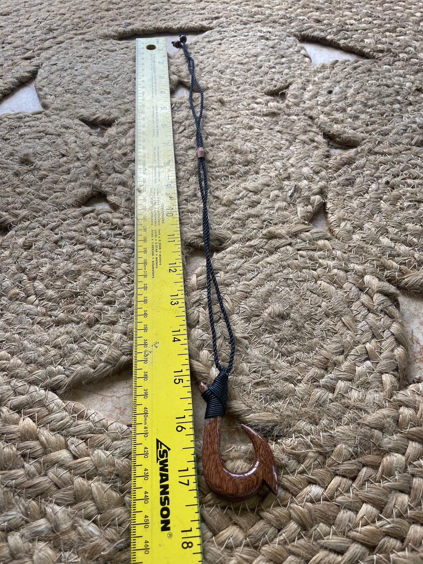 Handsomely Hand Carved Koa Wood Hawaiian Makau (Fish Hook) Necklace with Traditional Polynesian Designs. Adjustable Surfer Cord for Anyone