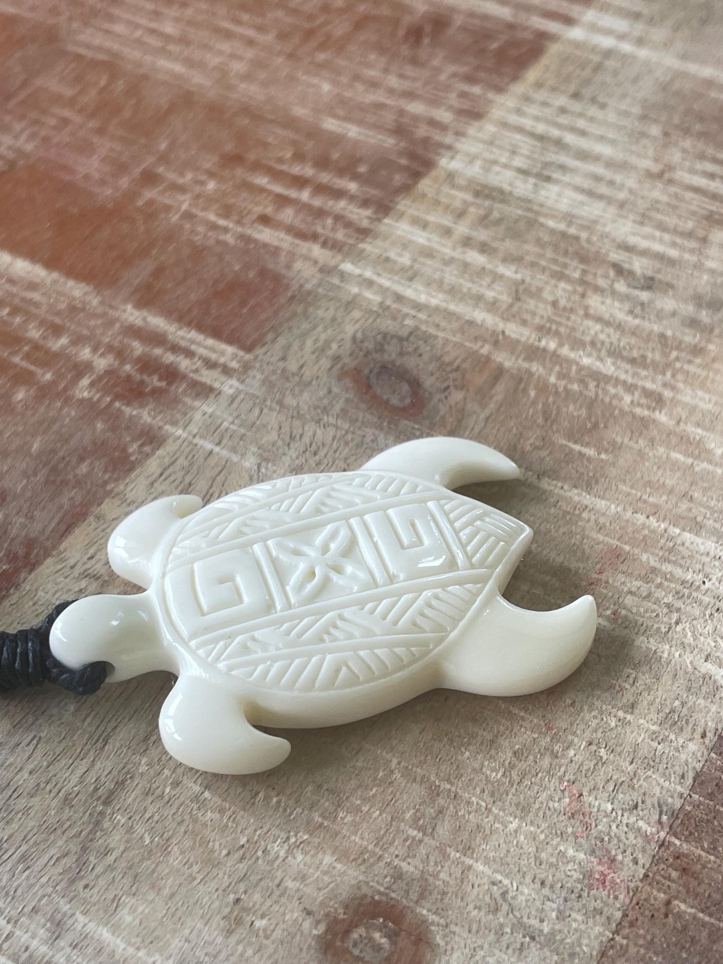 Hand Carved Buffalo Bone Sea Turtle Pendant - Adjustable Boho Necklace