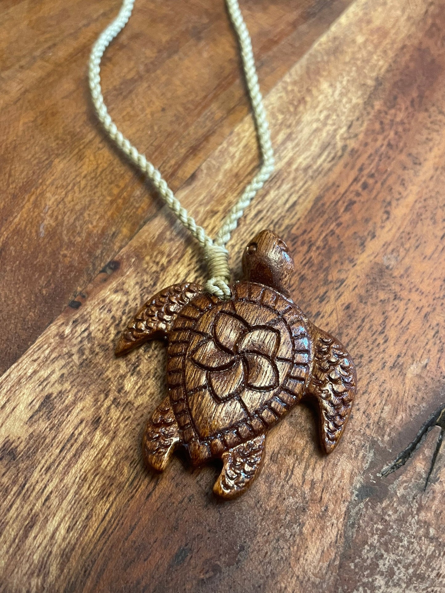 Hand Carved Koa Wood Sea Turtle Necklace - Plumeria Honu Pendant