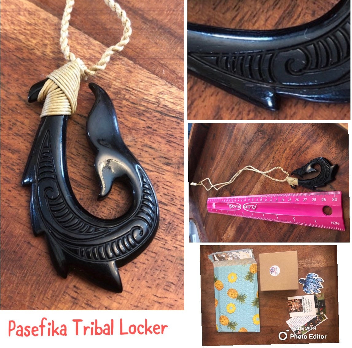 Hand-Carved Buffalo Bone Makau Necklace: Polynesian Fish Hook & Whale Tail