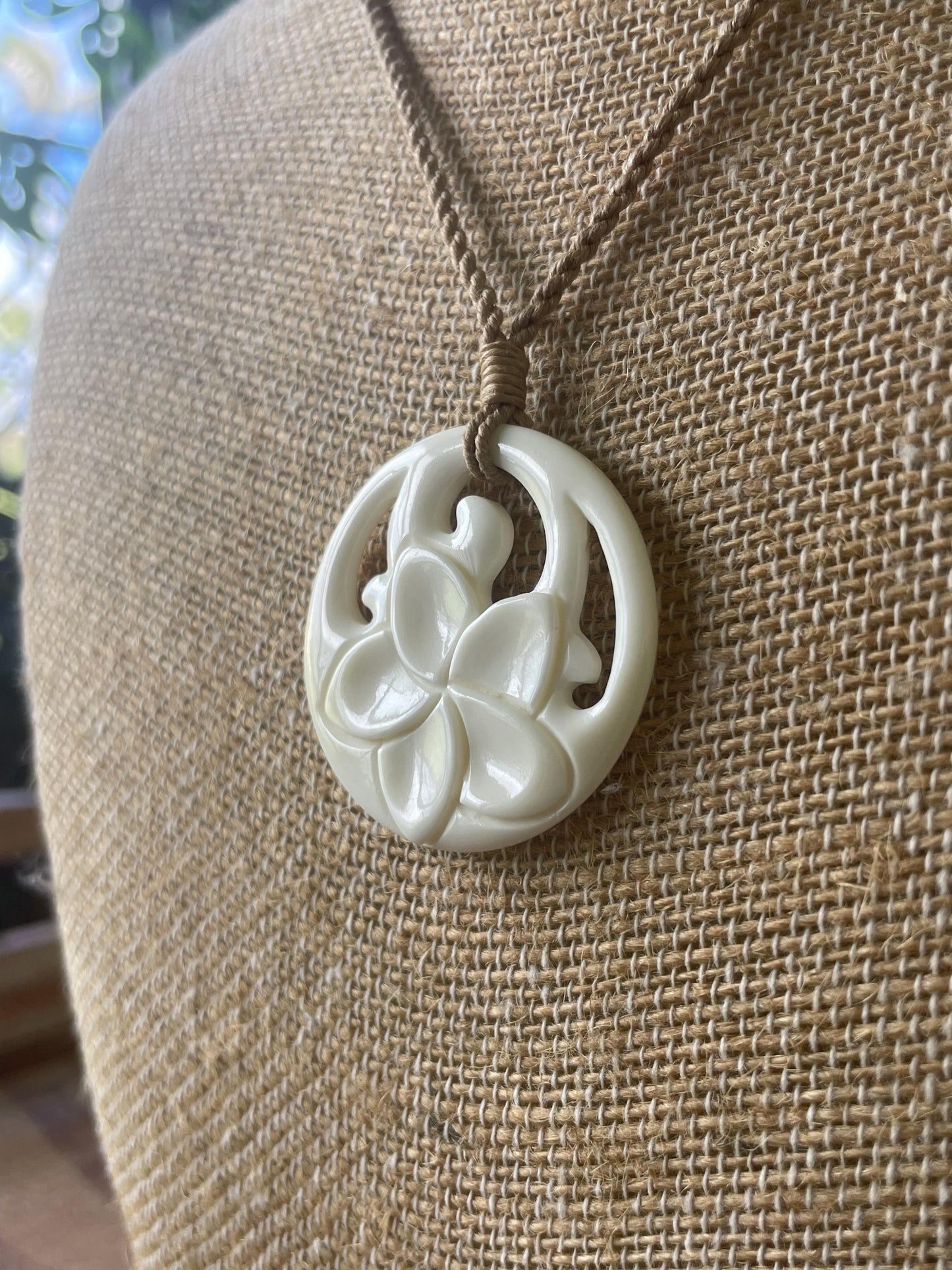 Hand Carved Bone Plumeria Necklace, Polynesian Boho Jewelry