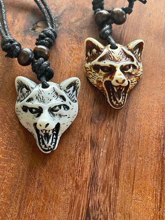 Naturalistic Styled Tribal Hand Crafted Bone and Resin Wolf or Dog Head Adjustable Necklace