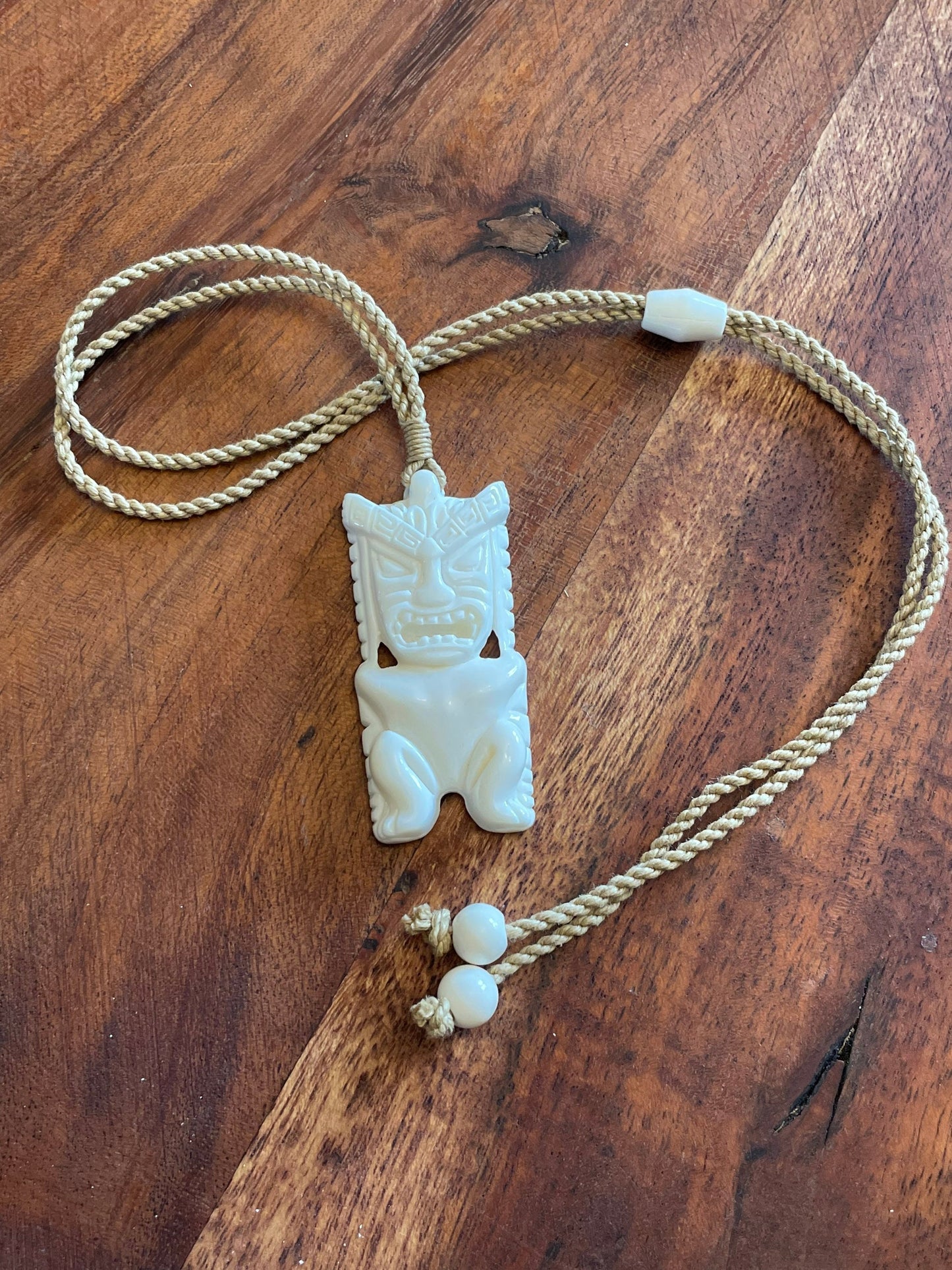 Finely Detailed Polynesian Hand Carved Solid Bone Tiki Adjustable Necklace