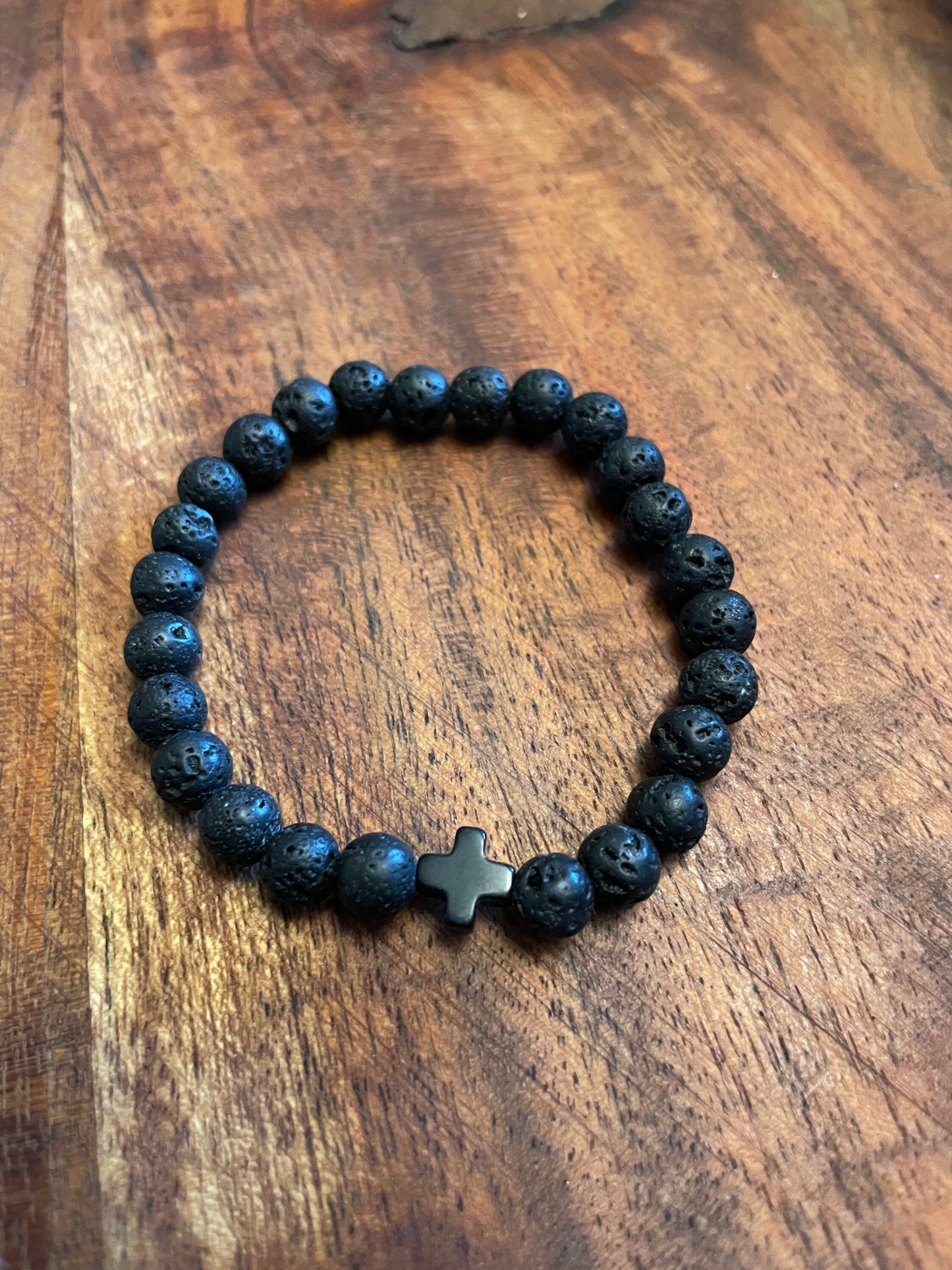 Petite 6mm Lava Bead Elastic Bracelet with Clay Cross Accent Bead