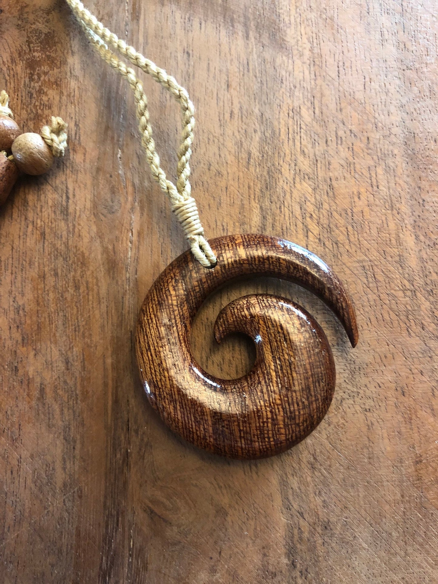 Finely Detailed, Hand-carved Solid Koa Wood Koru or Fern Adjustable Necklace