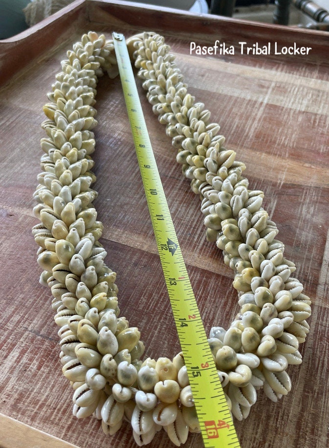 Authentic Cowerie Shell Lei, Natural Ribbon Tie Necklace, 30”