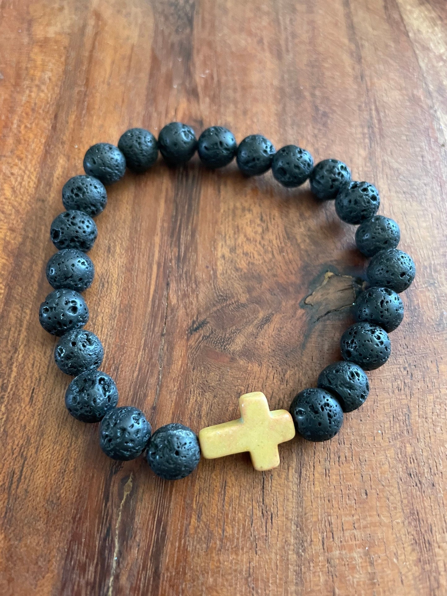 Solid Lava Beaded Elastic Bracelets with Christian Cross Clay Bead