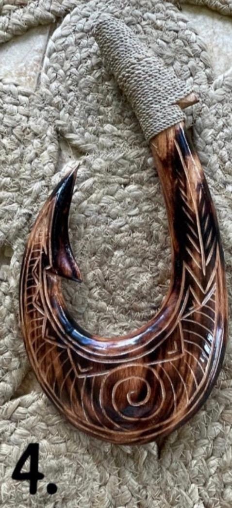 Handmade Polynesian Fish Hook Wall Decor – Engraved Hei Makau