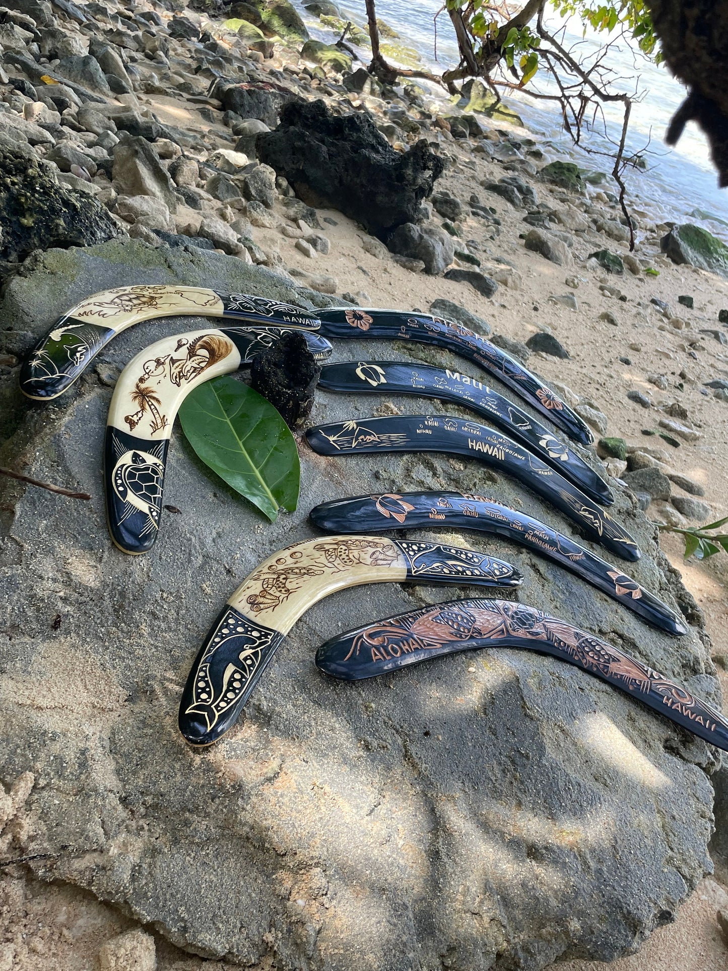 Aboriginal Polynesian Solid Wood Boomerangs with Hand Carved Hawaiian Maps, Symbols and Aloha!