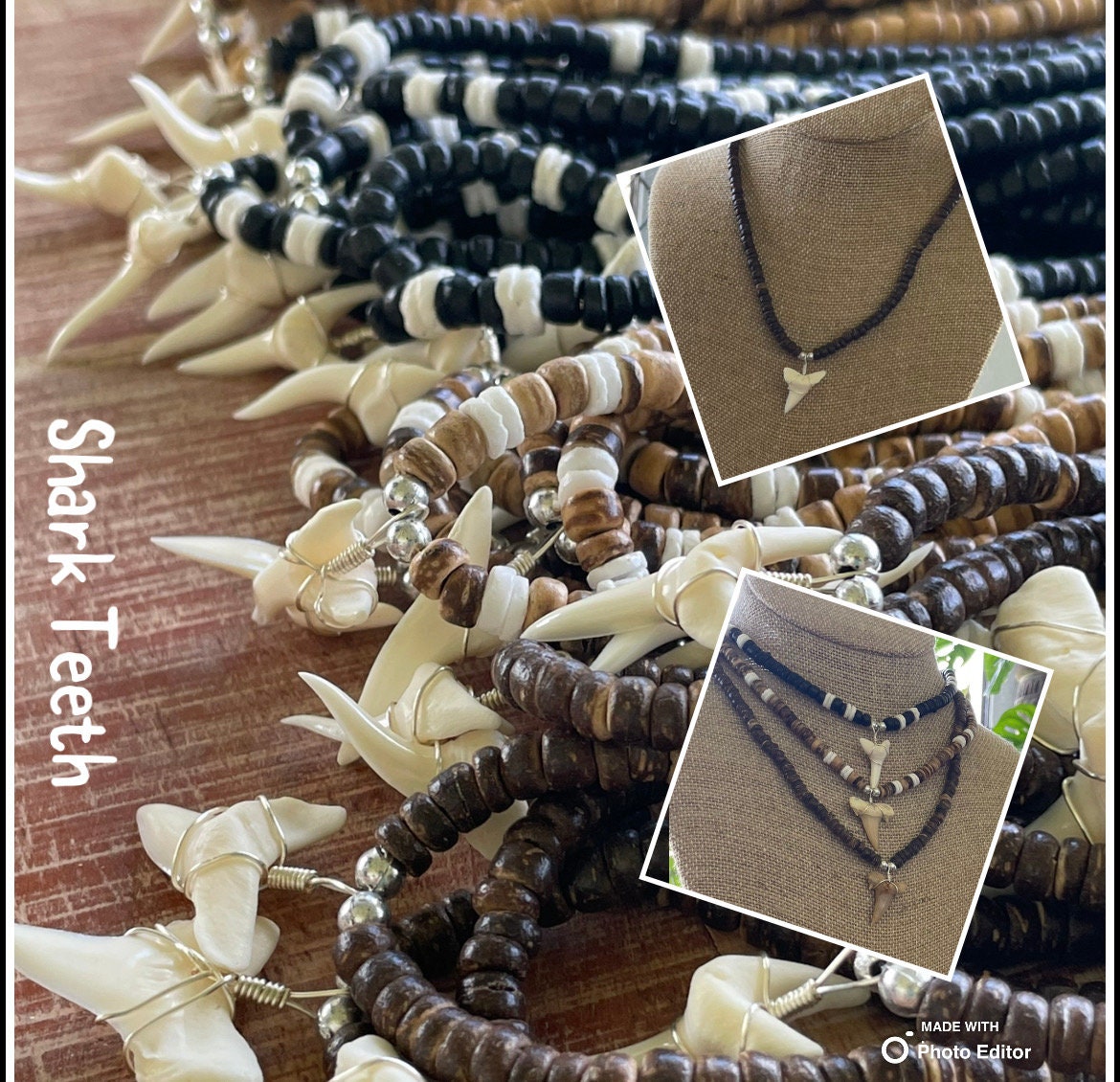 Authentic Mako & Fossilized Moroccan Shark Tooth Necklaces on Coconut Beaded Necklaces with Silver Clasp