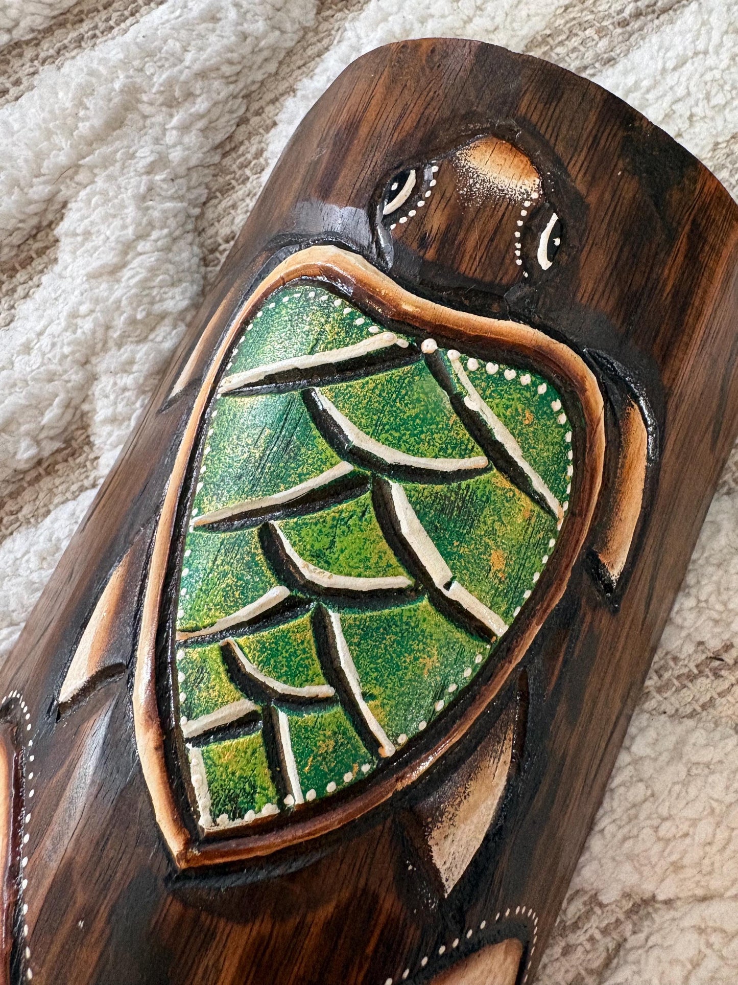 Sea Turtle Hawaiian Tiki Handcarved and Handpainted Light Weight Teakwood