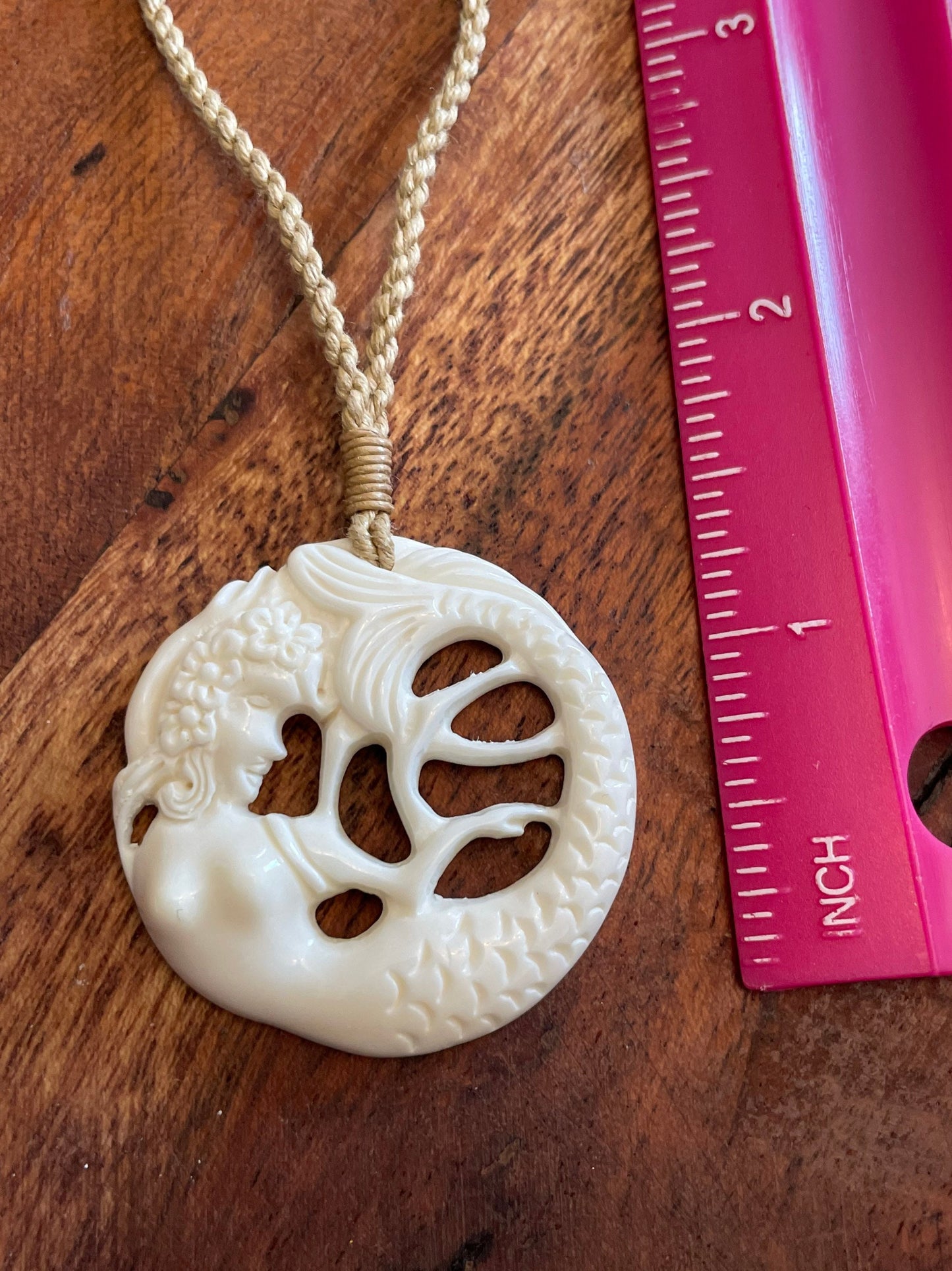 Hand Carved Buffalo Bone Mermaid Necklace - Polynesian Boho Jewelry
