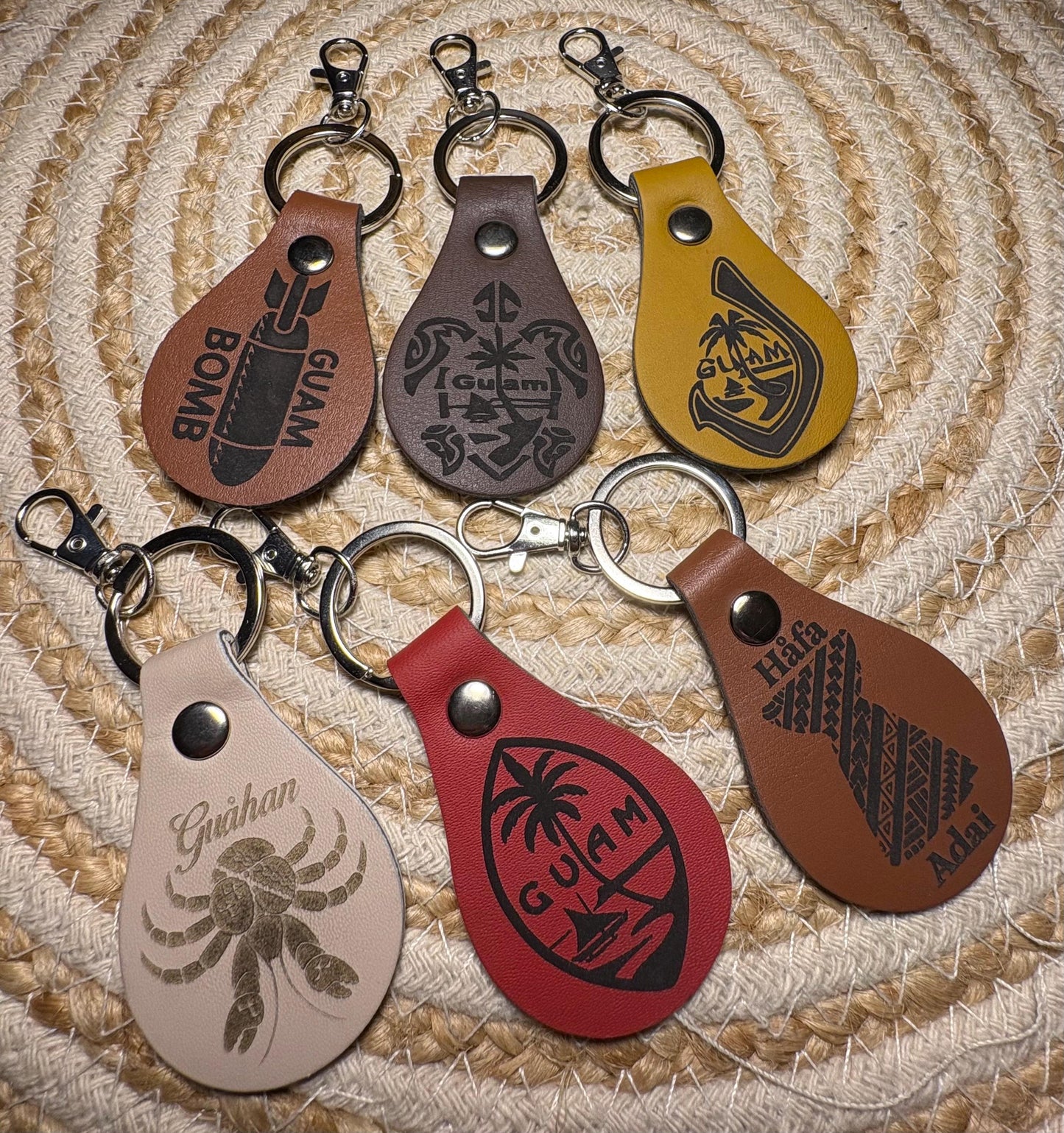 Leather Engraved Guam Keychains with Swivel Metal Clip - Personalization Available!