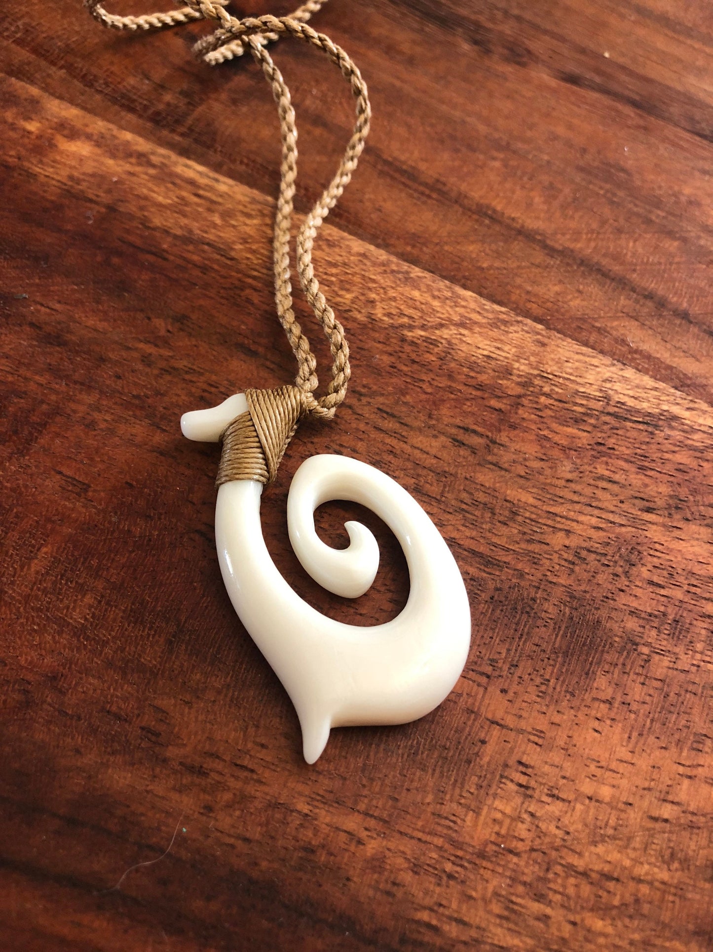 Hand Carved Buffalo Bone Fish Hook Hei Makau Necklace