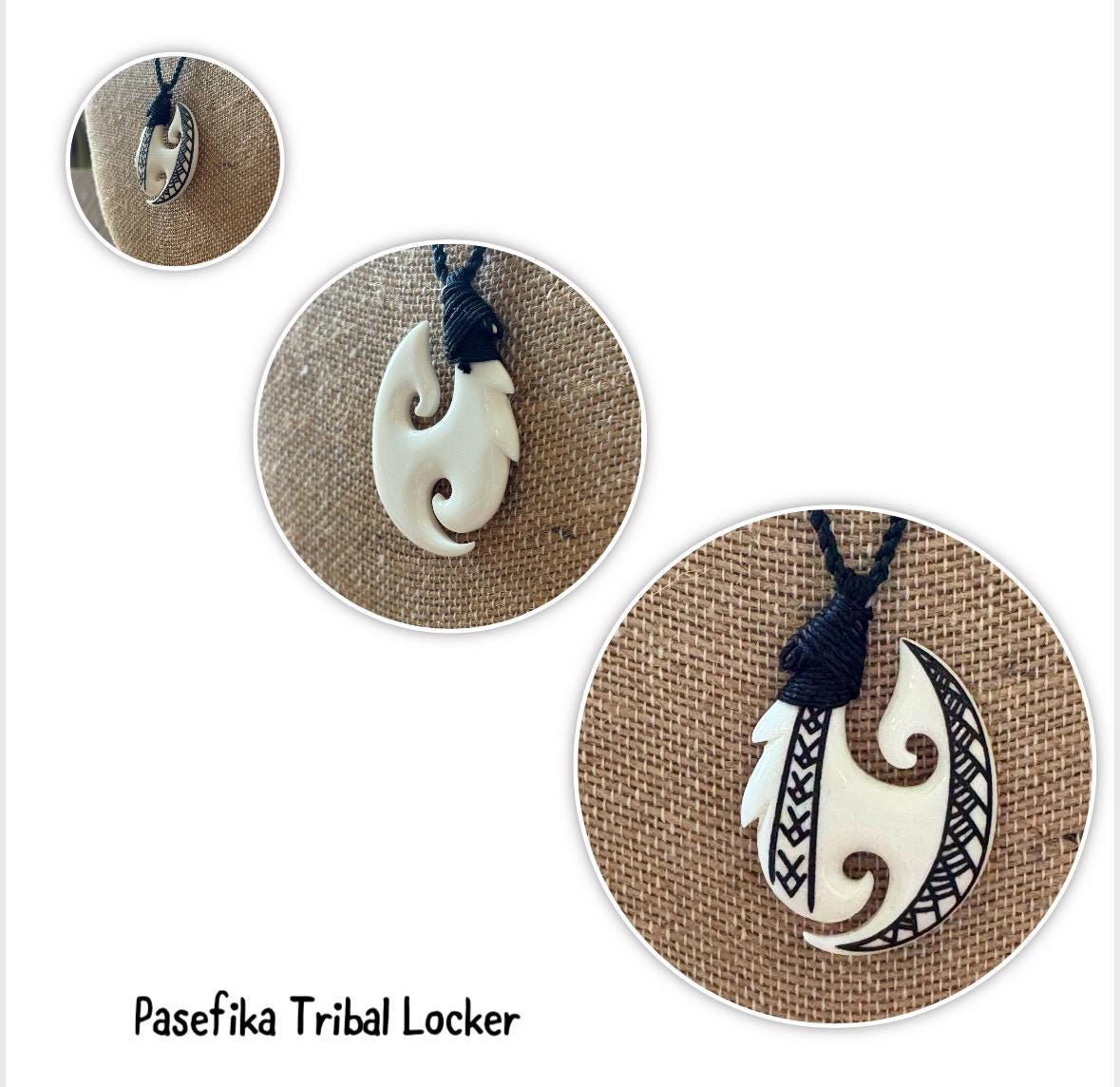 Hand Carved Bone Fish Hook Necklace: Micronesian Polynesian Makau Lei