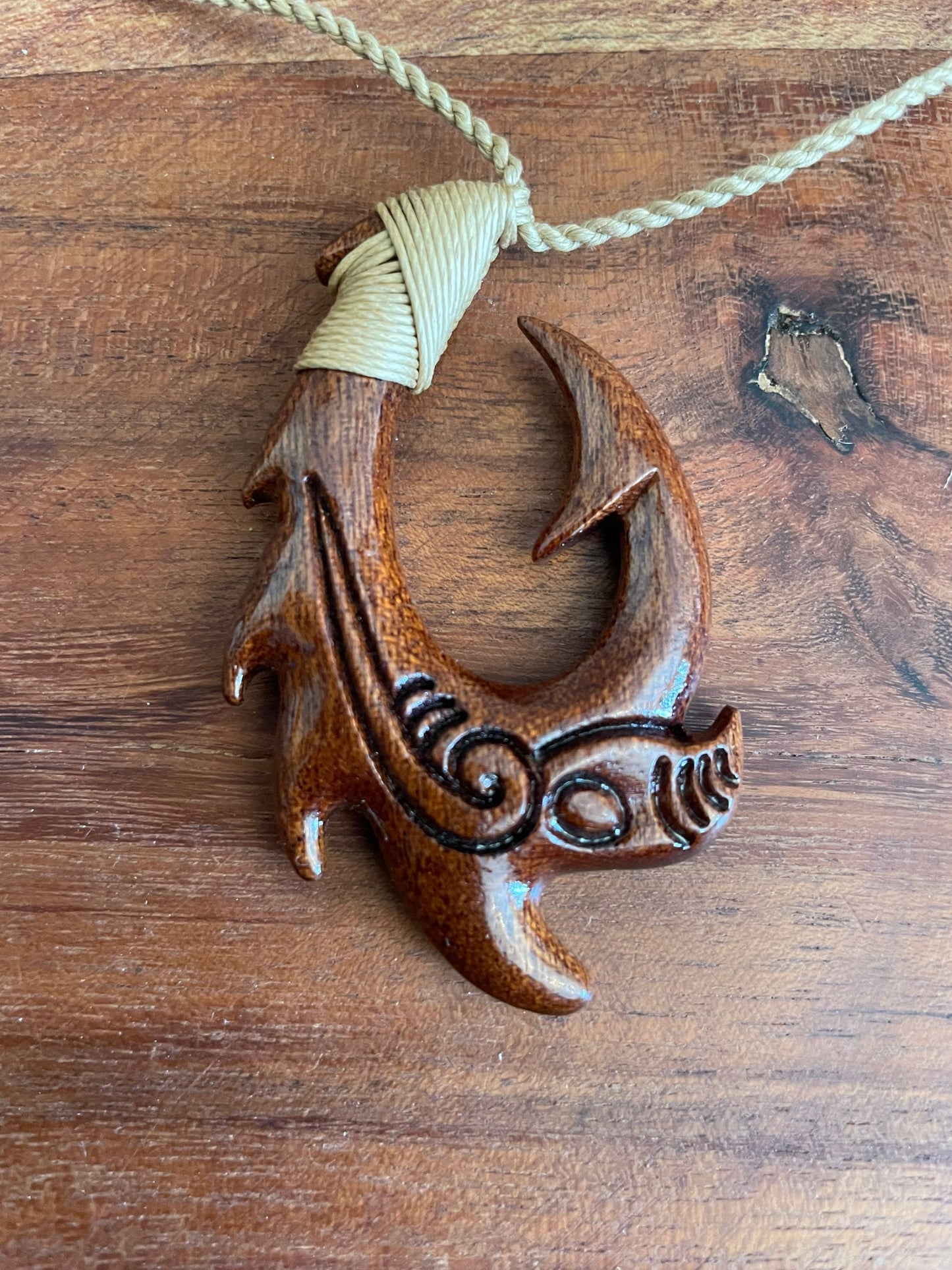 Hand Carved Koa Wood Makau Necklace, Koru Etchings, Adjustable Hemp Cord