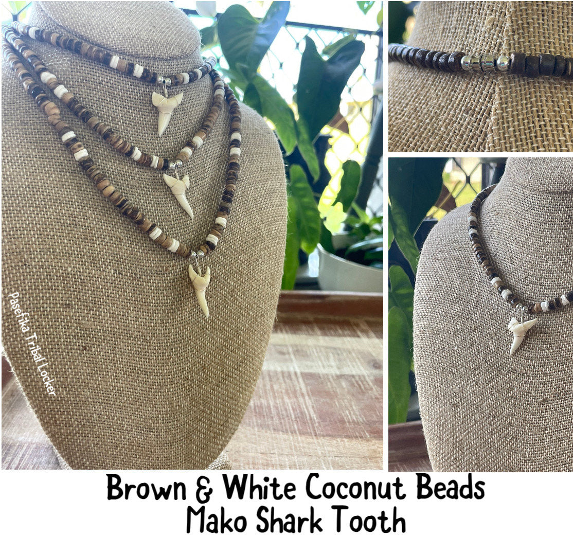 Authentic Mako & Fossilized Moroccan Shark Tooth Necklaces on Coconut Beaded Necklaces with Silver Clasp