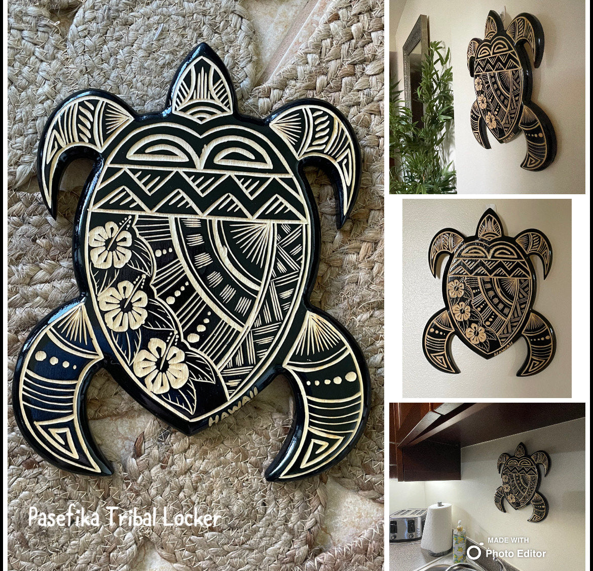 Hand Carved Wood Sea Turtle Plaque – Polynesian Hibiscus Wall Art