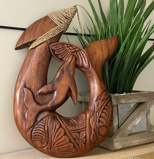 Hand-Carved Sea Hibiscus Wood Makau – Dolphin Tribal Design