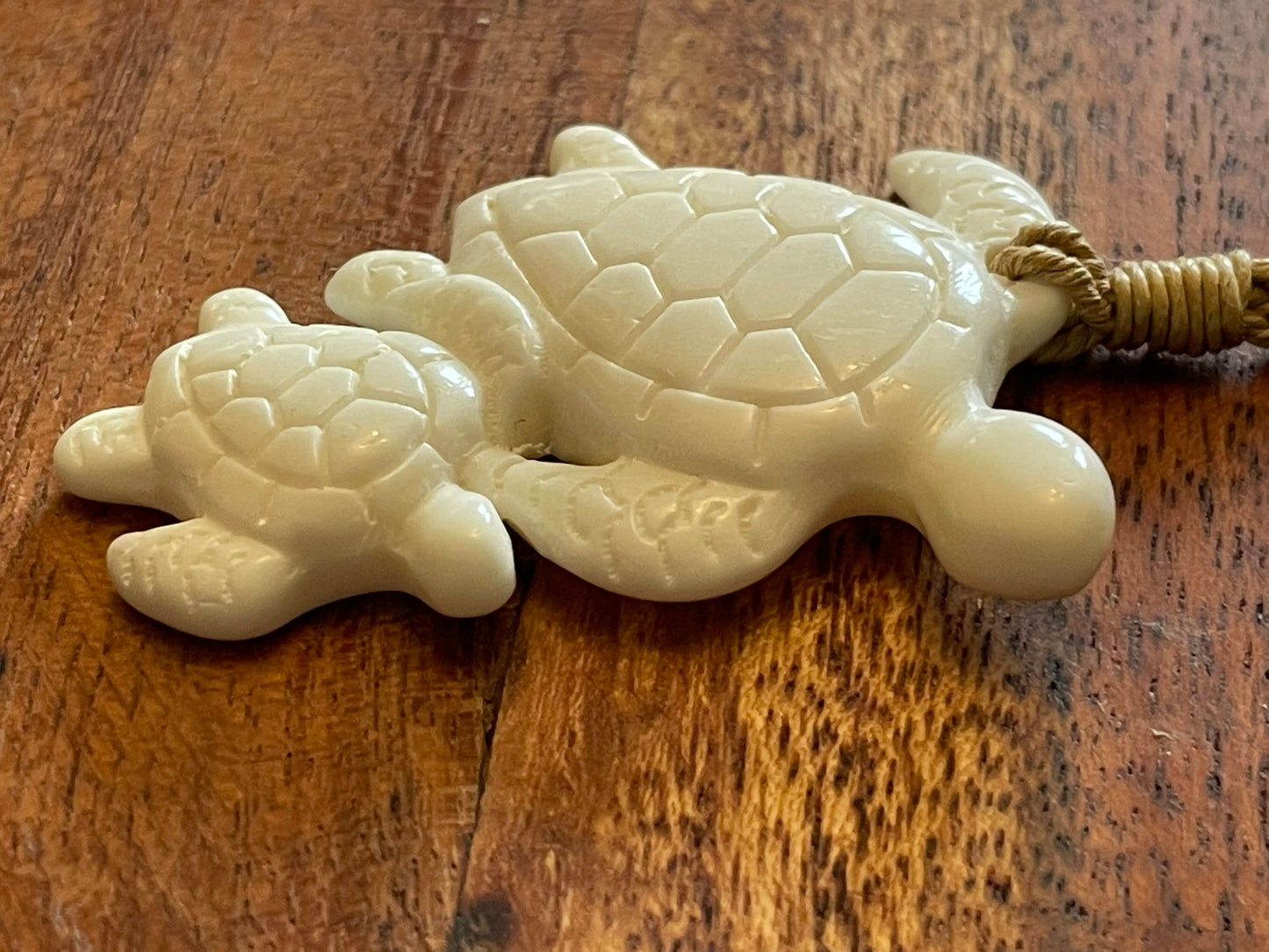 Momma and Baby Sea Turtle Duo Hand Carved Solid Bone Adjustable Necklace