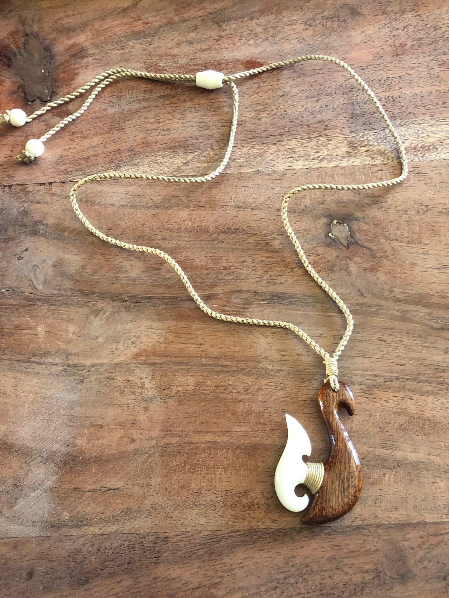 Hand Carved Bone & Koa Wood Fish Hook Necklace - Adjustable Hei Makau