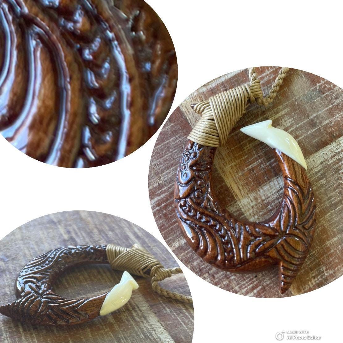 Handcarved Bone & Koa Wood Makau Pendant – Hawaiian Fish Hook Necklace