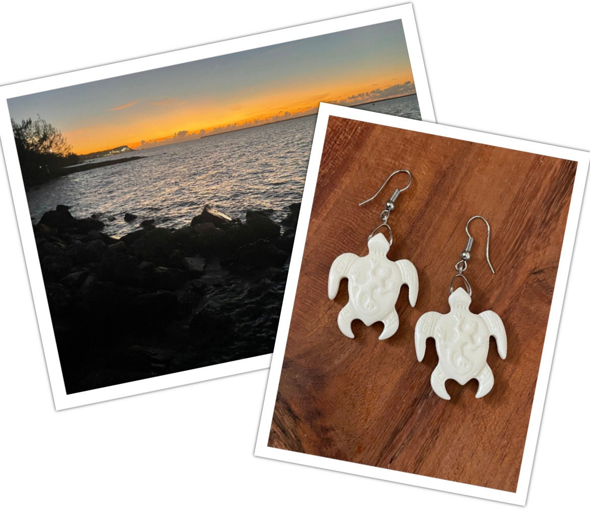 Bone Sea Turtle Dangle Earrings - Polynesian Pili Engraved Honu