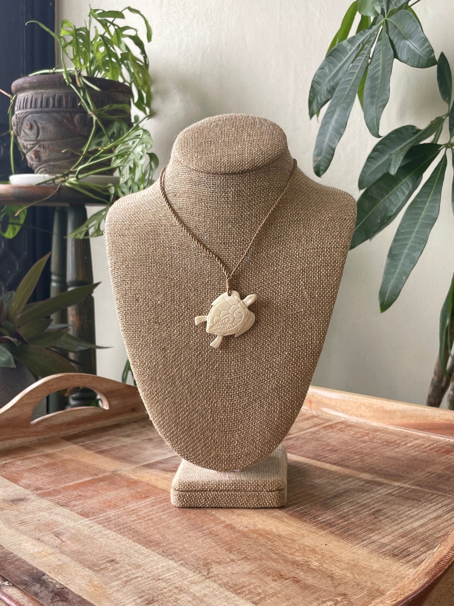 Hand Carved Buffalo Bone Sea Turtle Pendant – Polynesian Koru Necklace