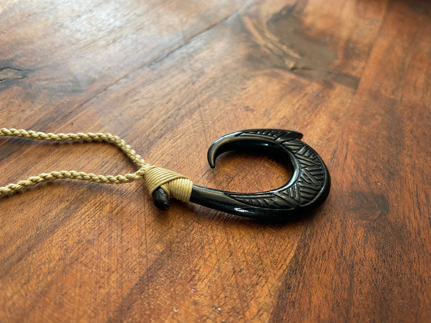 Hand Carved Buffalo Bone Makau Necklace: Micronesian/ Polynesian Fish Hook Pendant
